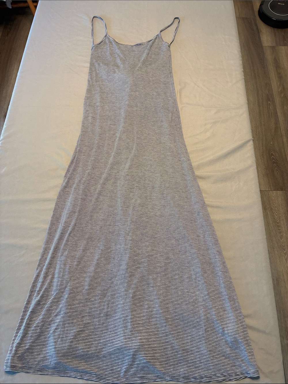 Striped Gray & White Spaghetti-Strap Maxi Dress